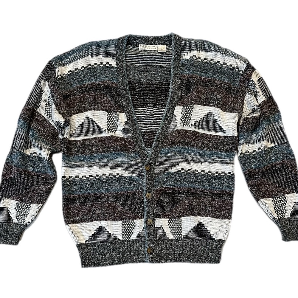 Vintage Expressions Worldwide Geometric Knit V-neck Cardigan Sweater, Medium